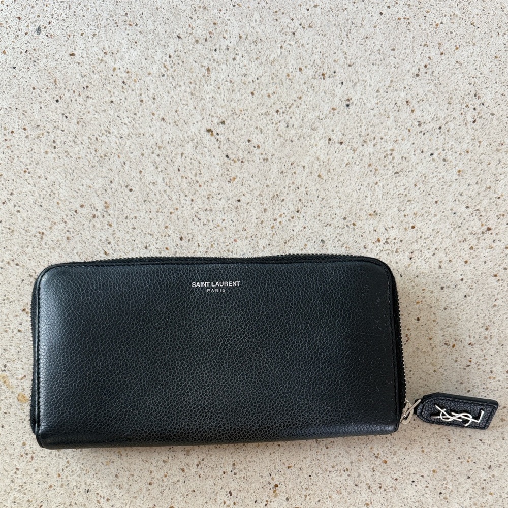 Saint Laurent Black Pebbled Leather Zip Wallet with Silver Logo